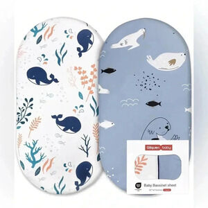 Gliquen Baby Bassinet Sheet 2 Pack Whale Seal Ocean Theme Blue White